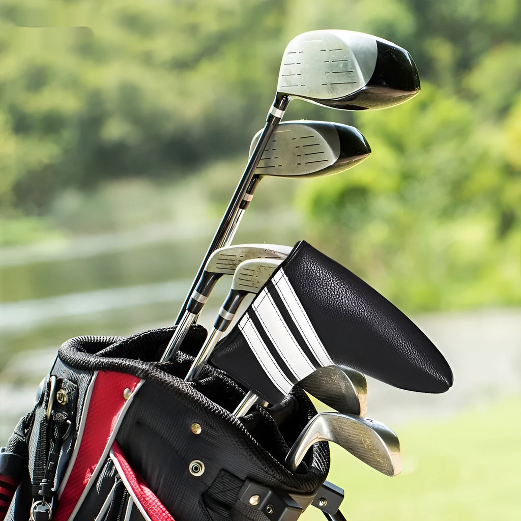 Black PU leather golf club head cover with matching push rod sleeve case