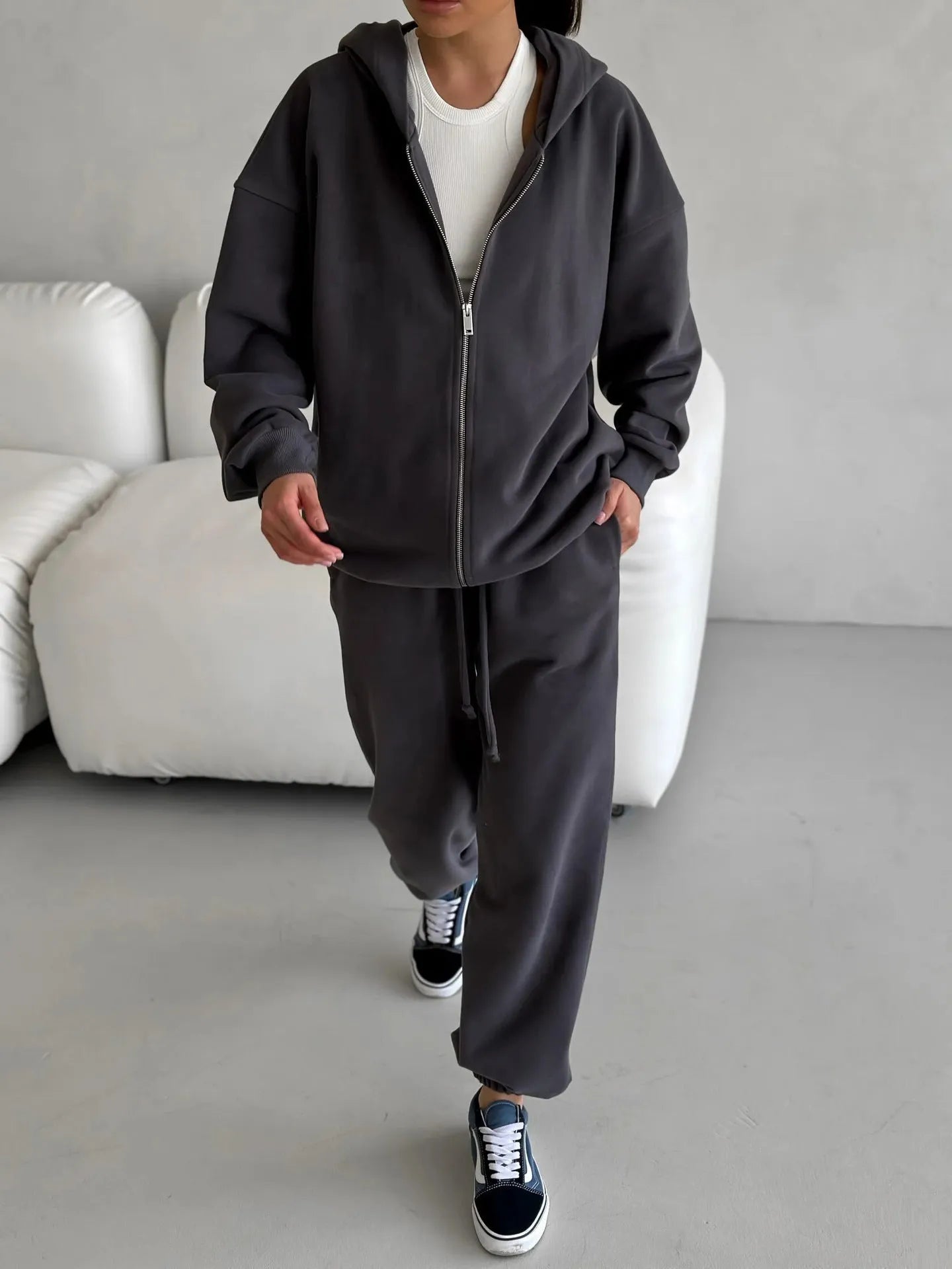 Street style long-sleeved coat and trousers two-piece set in solid colour