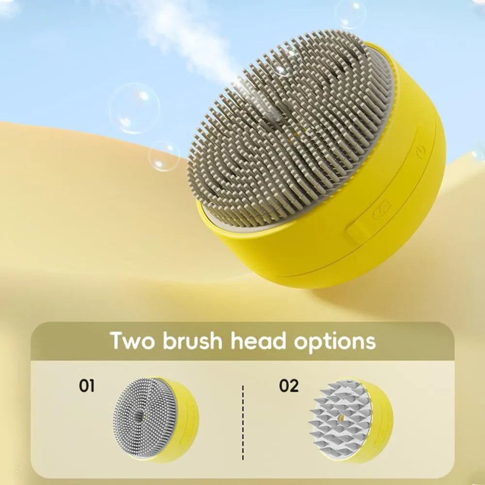 Green and yellow rechargeable cat dog steam brush with silicone head on a white background.