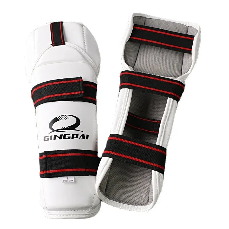 Taekwondo protective gear set showing PU EVA foam arm bands and leggings in sizes S M L XL.