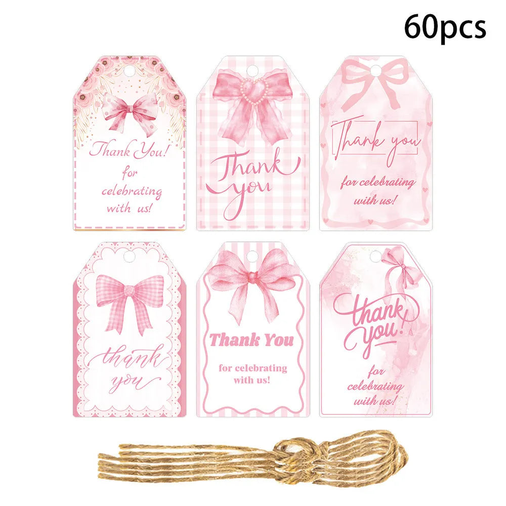 Birthday party gift tags with bowknot designs and hemp rope ties in three style variations