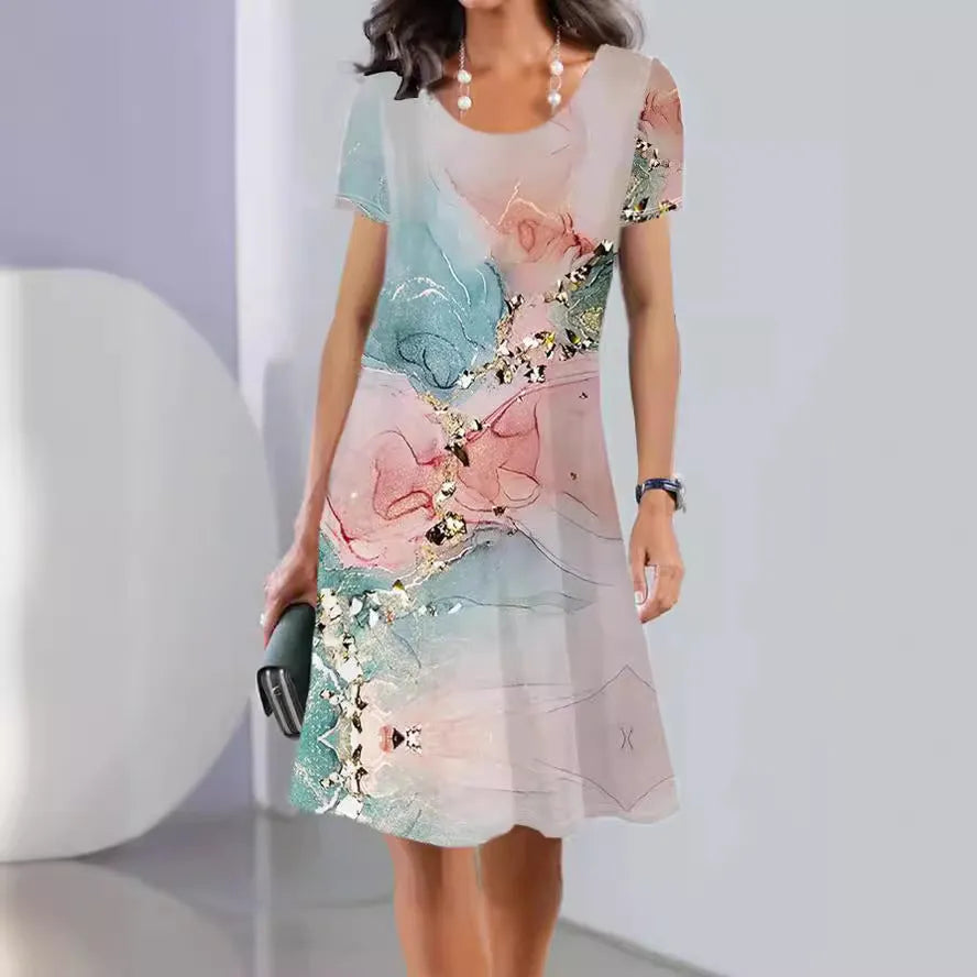 Floral printed summer dress with short sleeves and A-line mid-length skirt in ice silk fabric