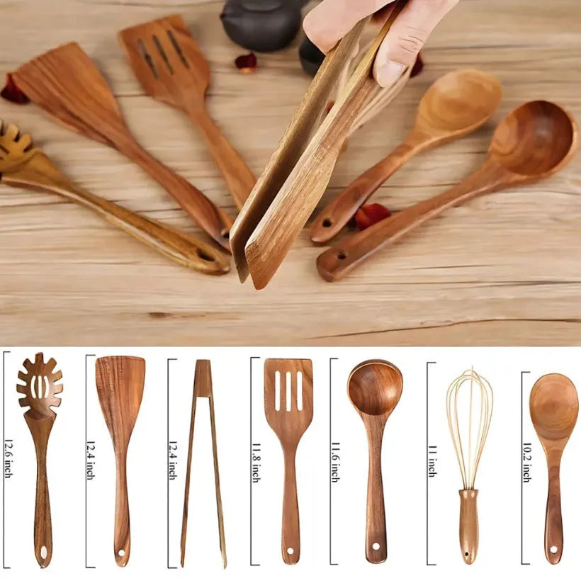 7-piece wooden cooking utensil set with natural wood finish including various spoon and spatula designs