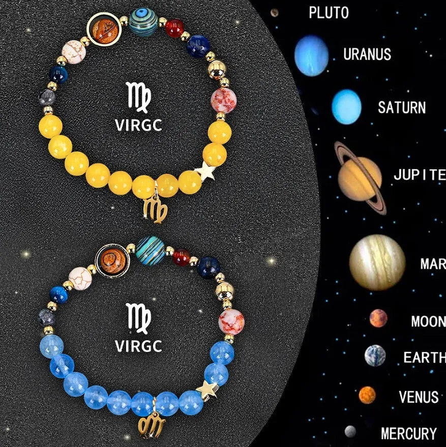 Two natural stone beaded zodiac bracelets showing different astrology sign designs