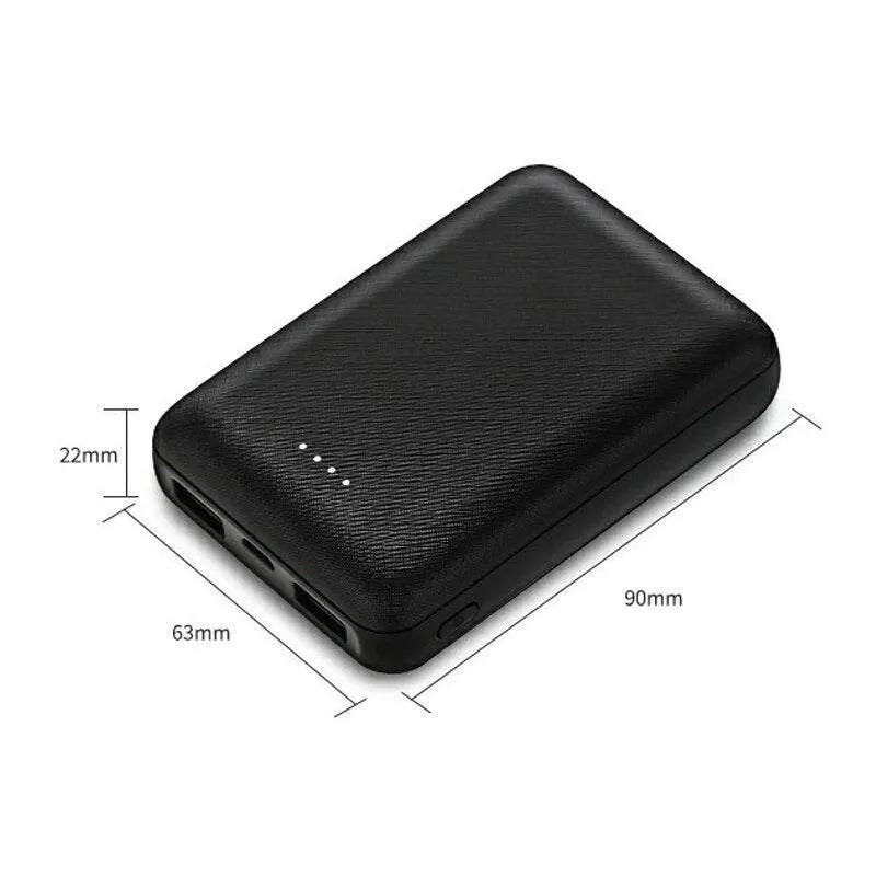 Black and white ultra-thin power bank showing 90x63x22mm dimensions with multiple USB charging ports