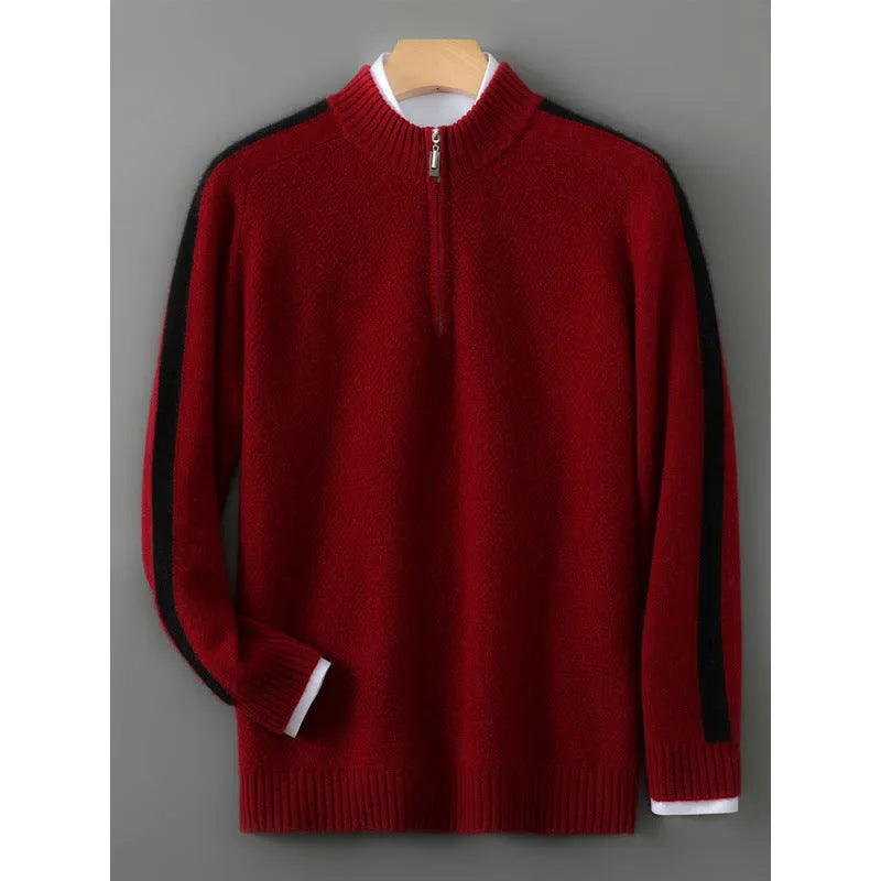 Men's slim fit half-zip wool pullover sweater in raw velvet camel colour showing front detail