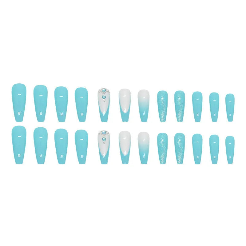 Smart blue long ballet false nails with diamond glitter debris decoration