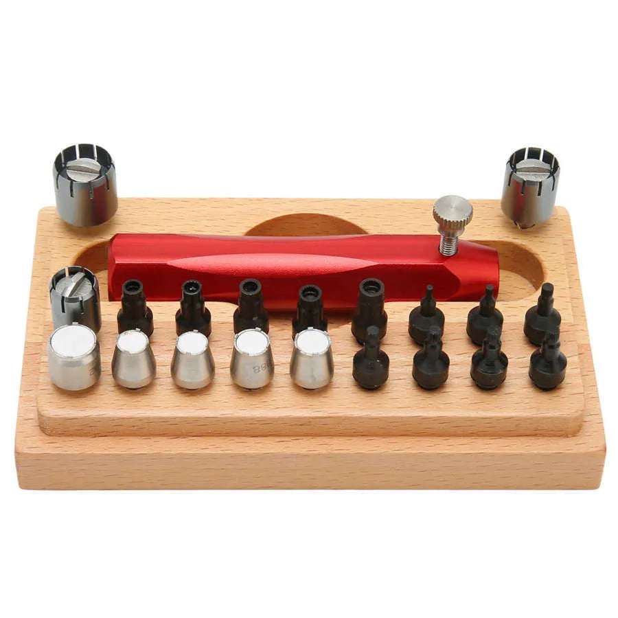 20-piece steel watch repair tool set for barrel opening with extracting tube open model in compact storage case