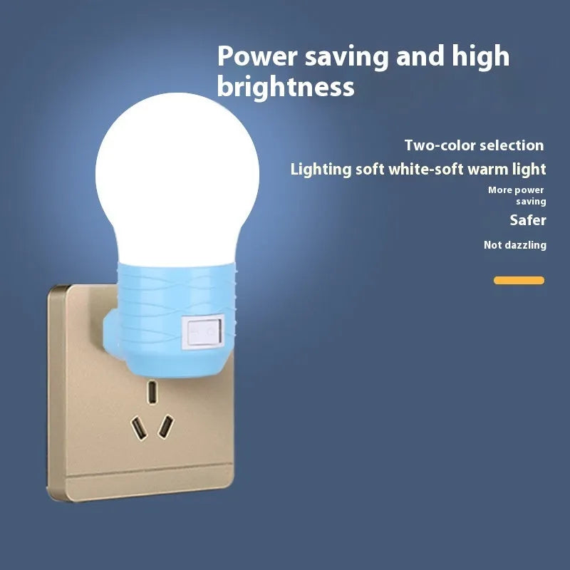 Compact round plug-in bedside lamp on a surface, showing white shell option.
