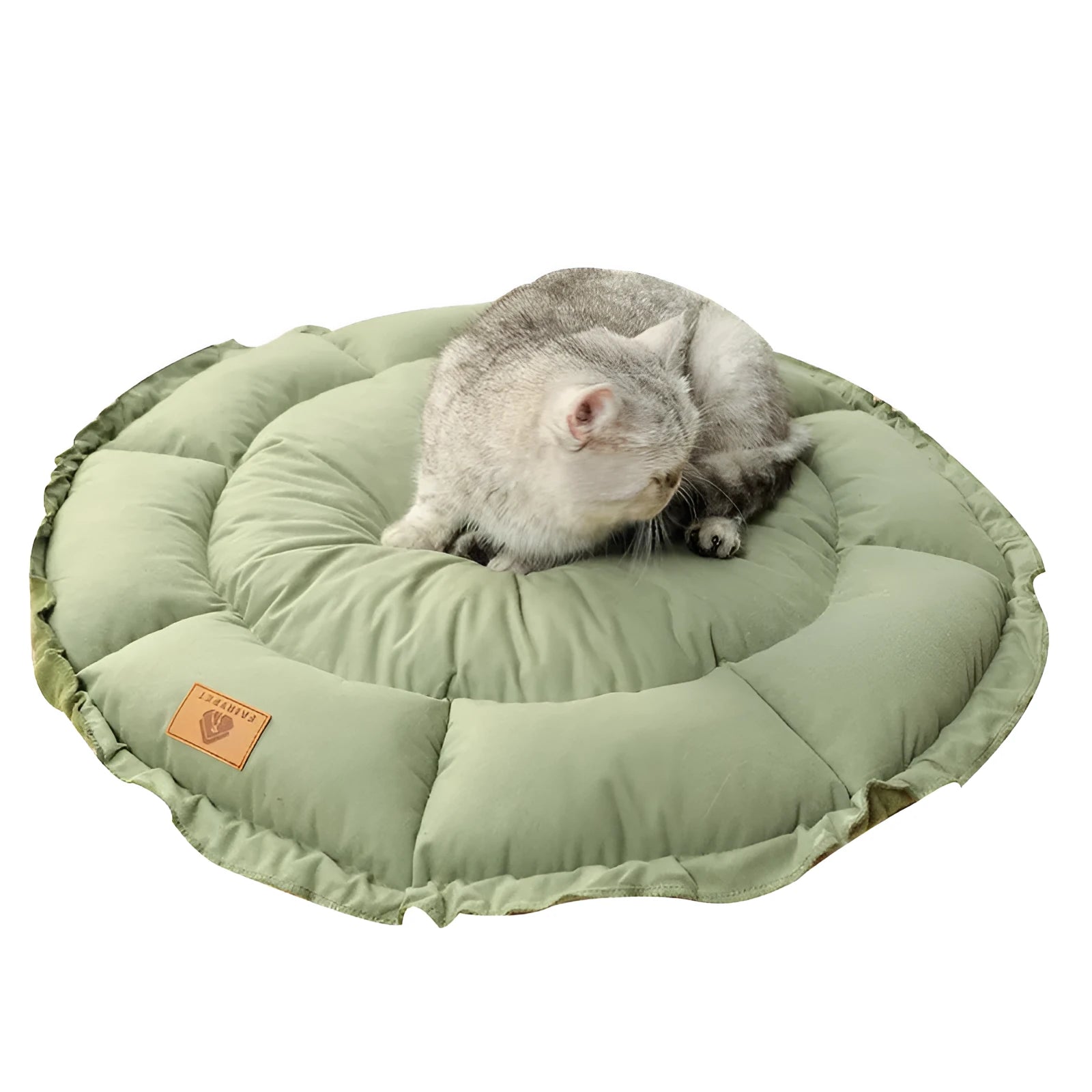 Grey and green reversible donut pet bed for cats and dogs with high sides.
