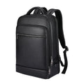 Black leather men's business backpack with curved shoulder straps and visible sewing lines