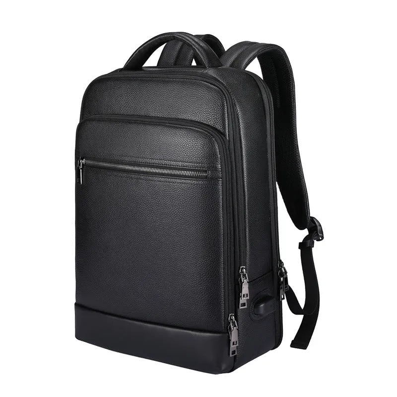 Black leather men's business backpack with curved shoulder straps and visible sewing lines