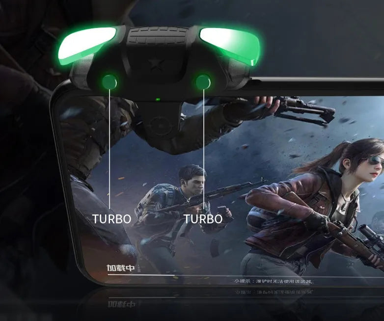Black F5 mobile phone game controller showing compact 5cm width design with ergonomic grip