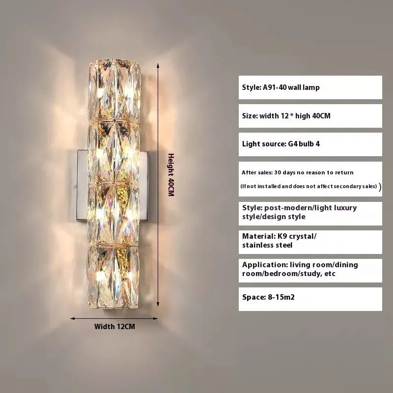 Crystal wall lamp in chrome or gold finish with LED light source and stainless steel mounting