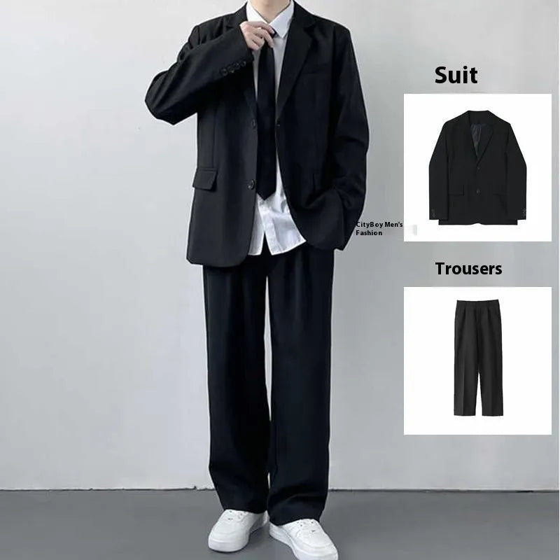 Men's plus size college style suit jacket and trousers with white shirt and tie formal set