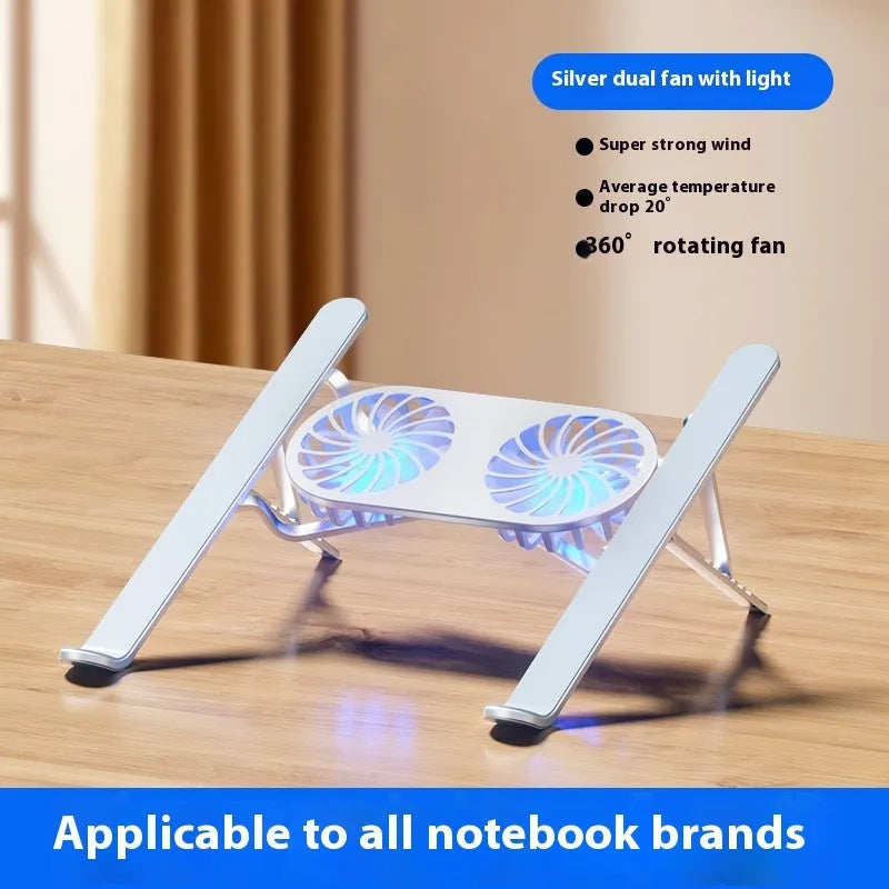 Silver aluminium alloy portable laptop cooling stand with twin fans and adjustable height in folded position