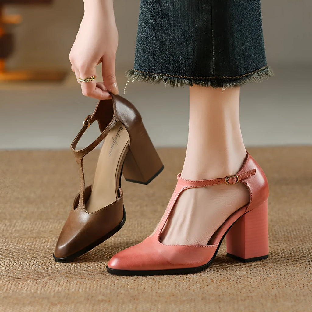 Women's retro pointed Mary Jane buckle shoes with hollow design in first layer cowhide