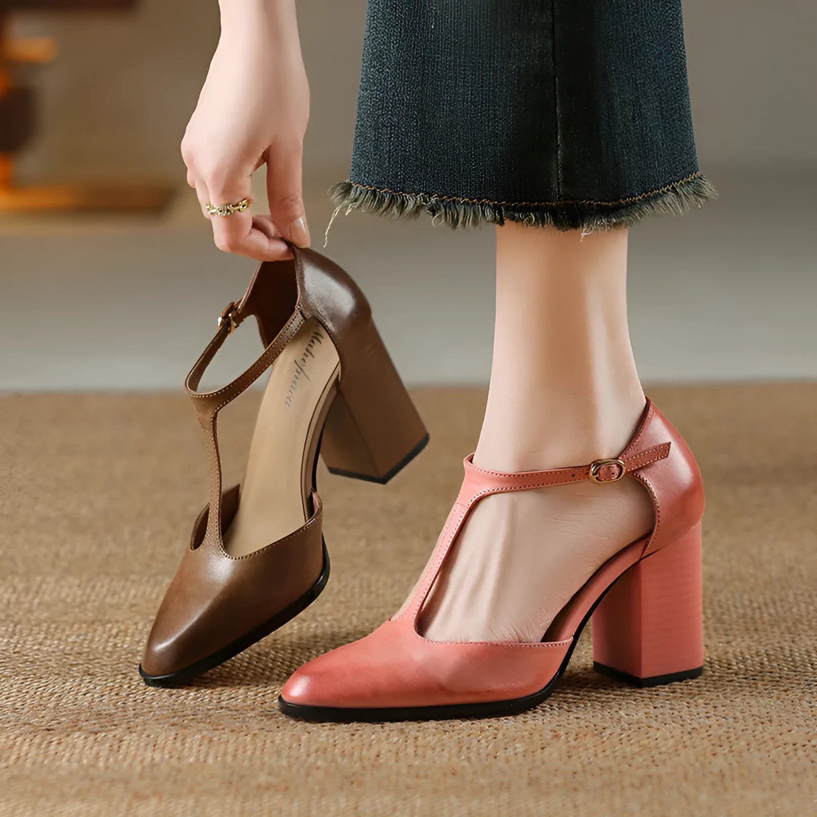 Women's retro pointed Mary Jane buckle shoes with hollow design in first layer cowhide