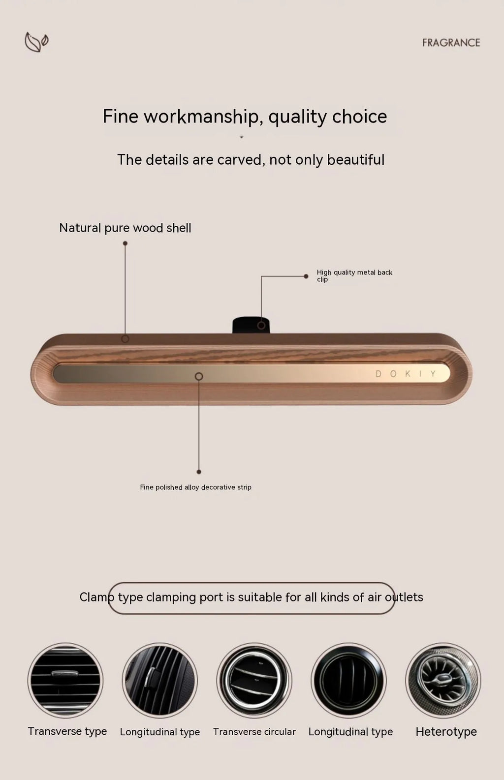Long strip solid car aromatherapy ornament in vent, shown in walnut and metallic grey colours.