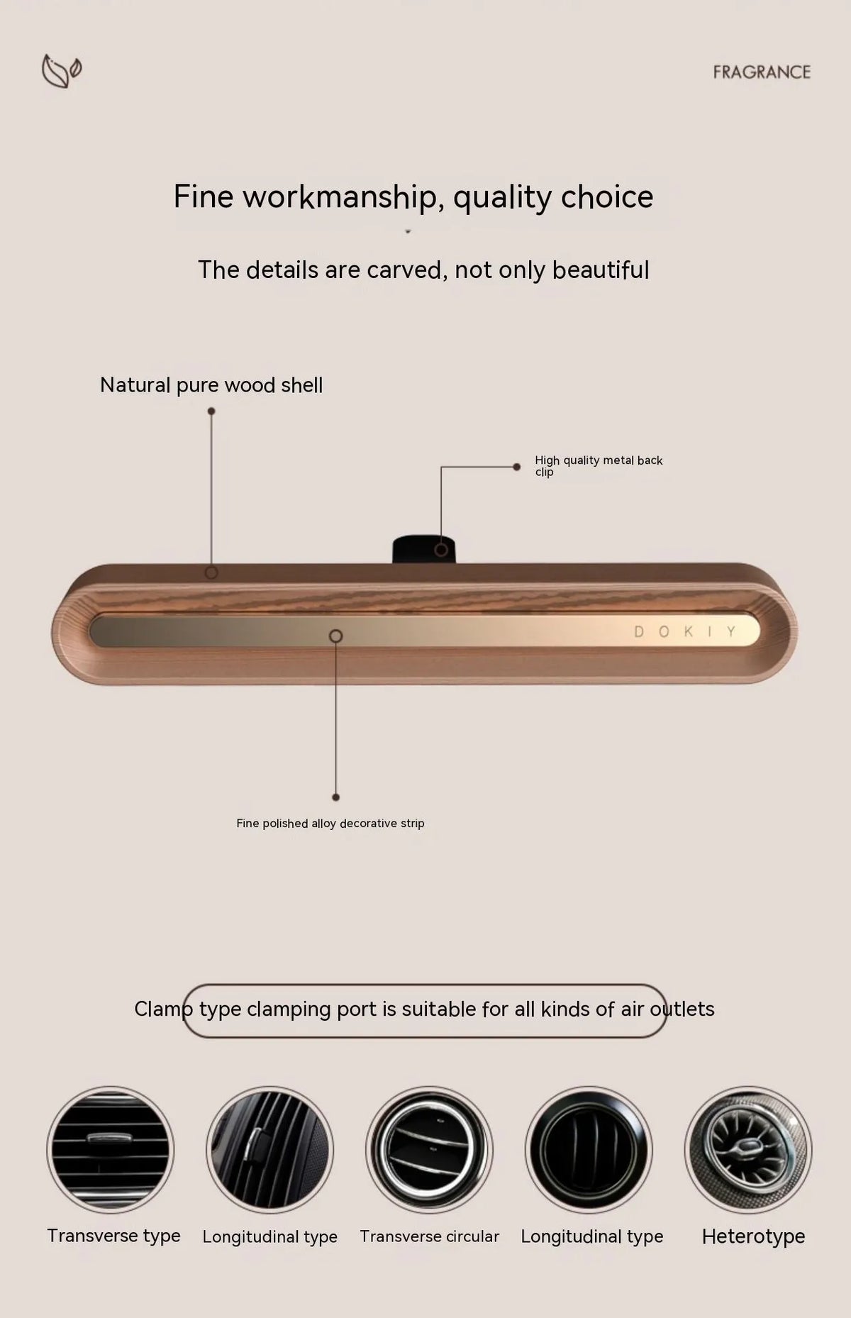 Long strip solid car aromatherapy ornament in vent, shown in walnut and metallic grey colours.