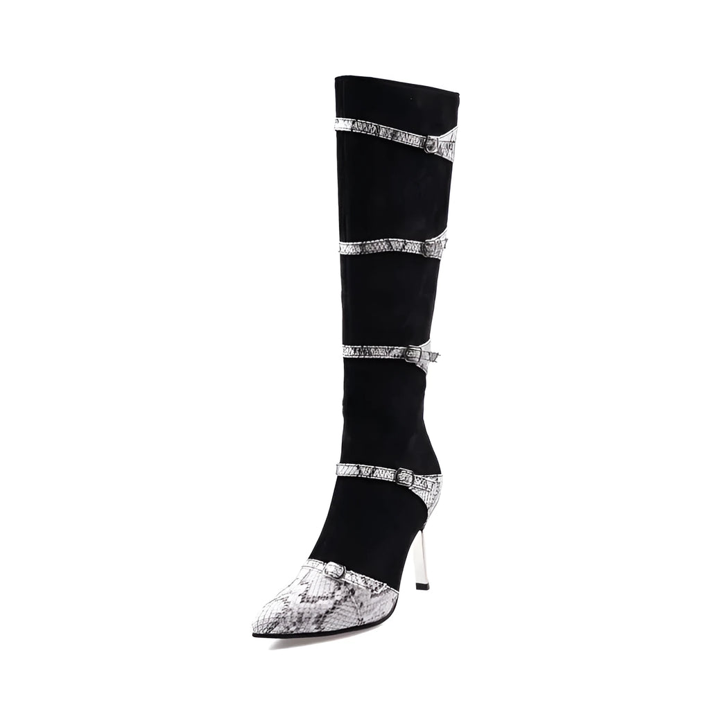 Grey and black women's knee high boots with a thin high heel on a rubber sole.