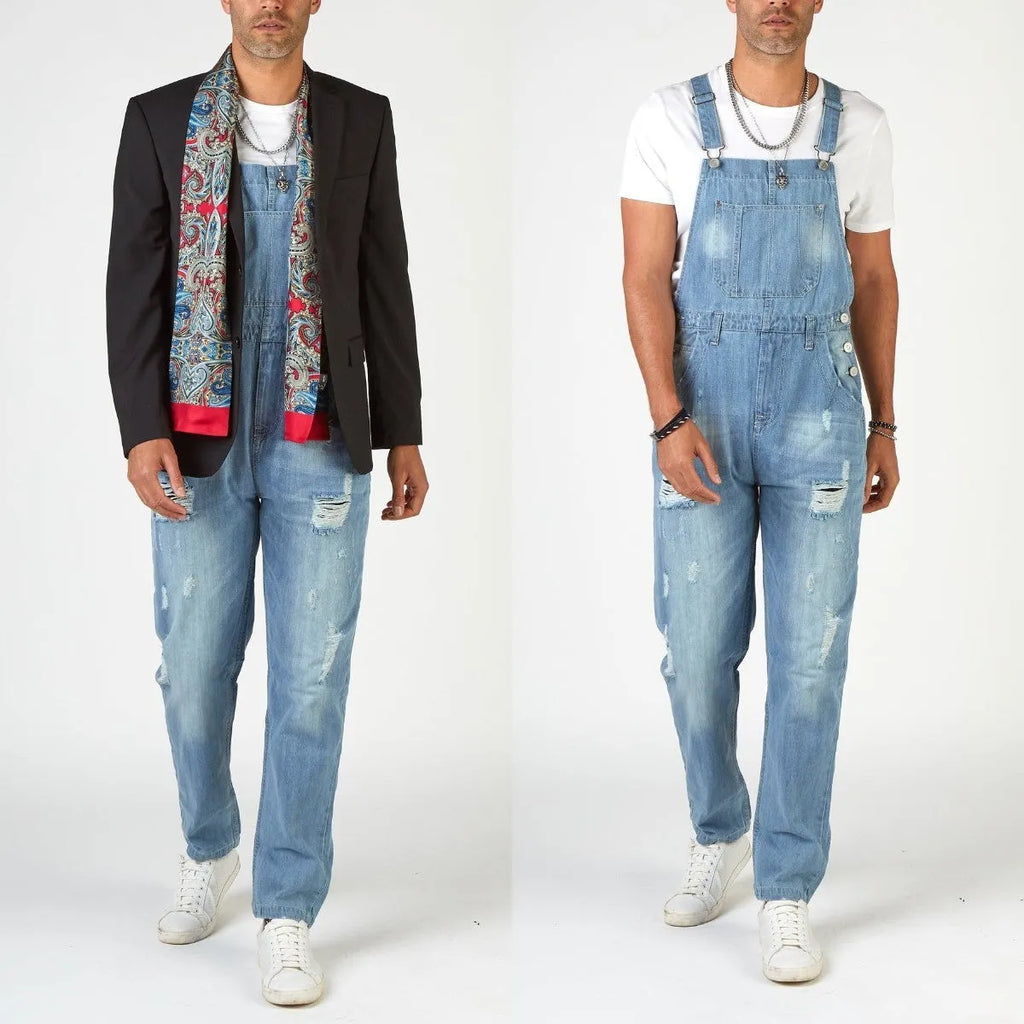 Men's light blue jeans with suspenders, ripped detailing, straight legs, and button fly