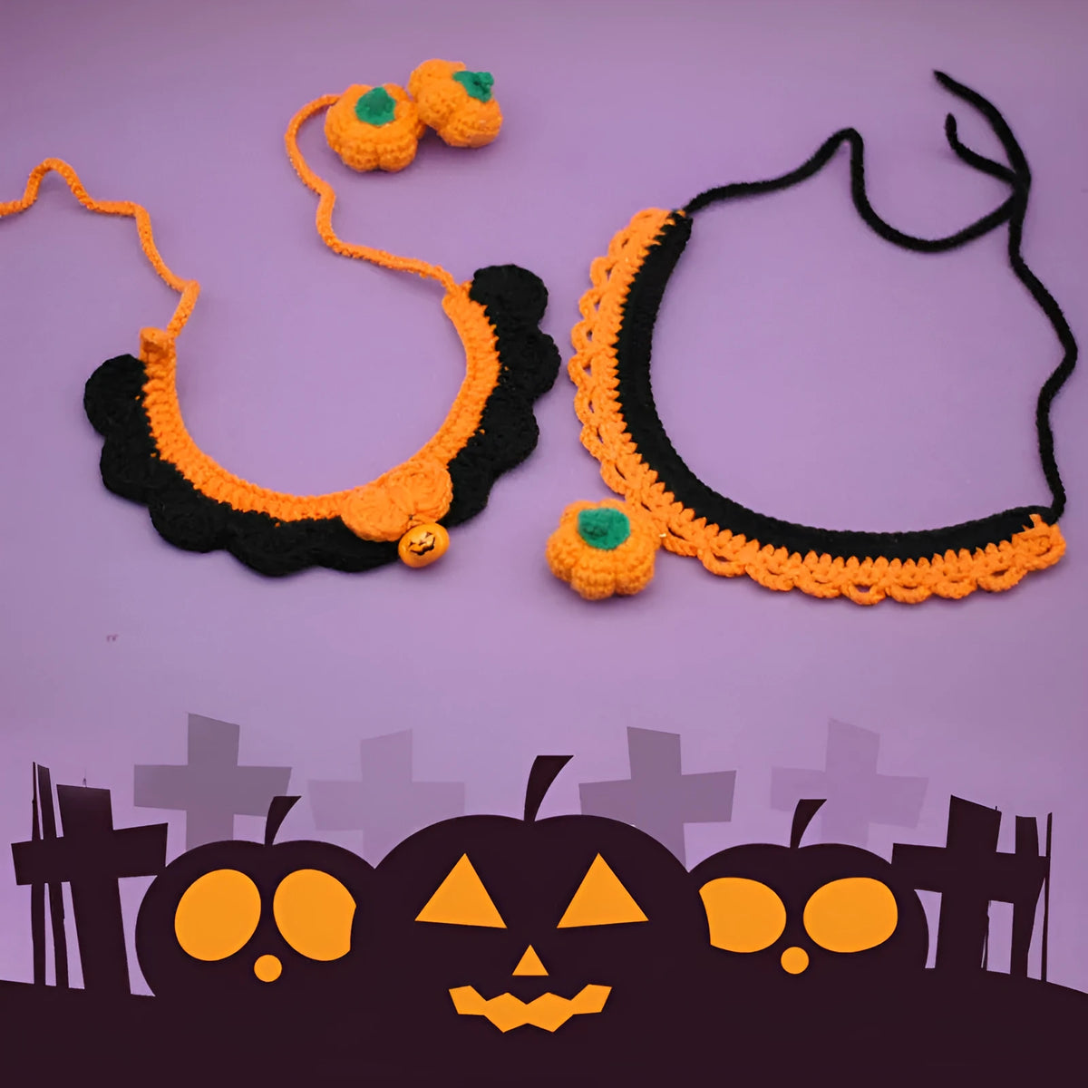 Hand-crocheted wool Halloween collar for pets in pumpkin colours with adjustable sizing