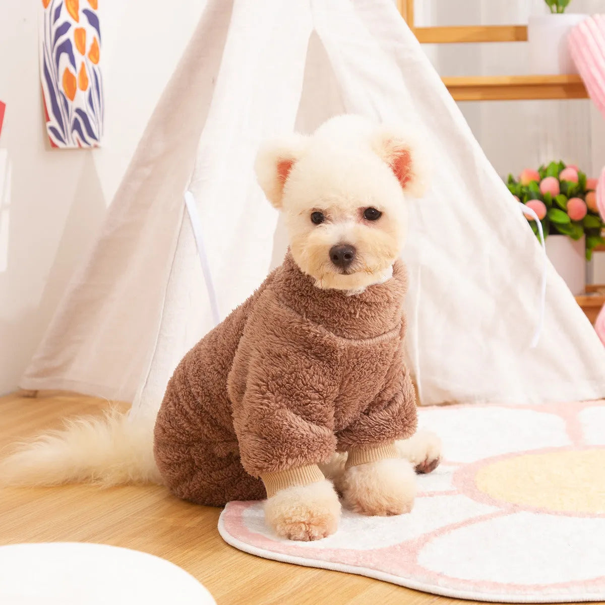 Four-legged dog clothes with double-sided plush fabric, high collar and towing ring in khaki colour