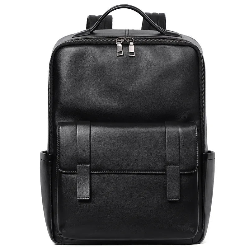 Large black genuine leather men's backpack with woven detail and a curved back panel.