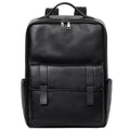 Large black genuine leather men's backpack with woven detail and a curved back panel.