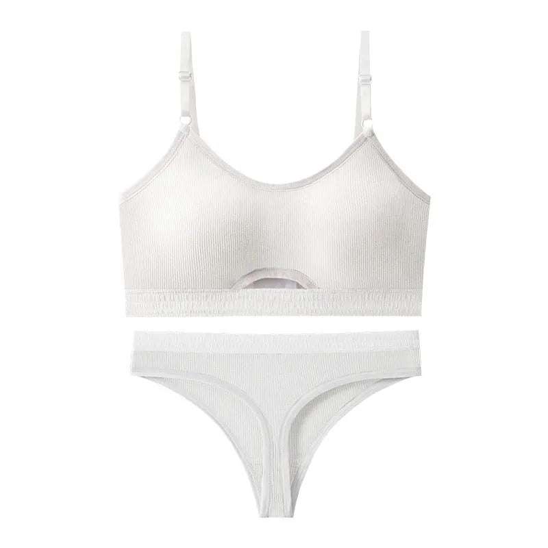 Women's white underwired cotton sports vest set with built-in bra and matching panties