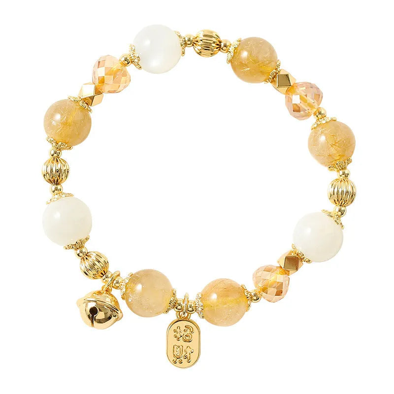 Gold electroplated bracelet with Lucky Fortune gold rutilated quartz crystal and ringing bell in Korean style
