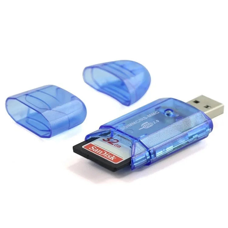 Transparent plastic USB card reader with LED light, showing memory card slots and USB connector.