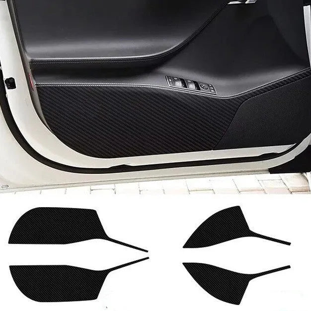 Four-piece carbon fibre pattern protective film kit for Tesla Model S car door interior panels.
