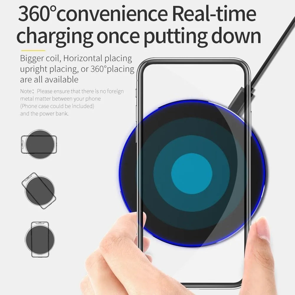 Black square wireless charging pad with ultra-thin 6.5mm profile showing 9V QI fast charging capability