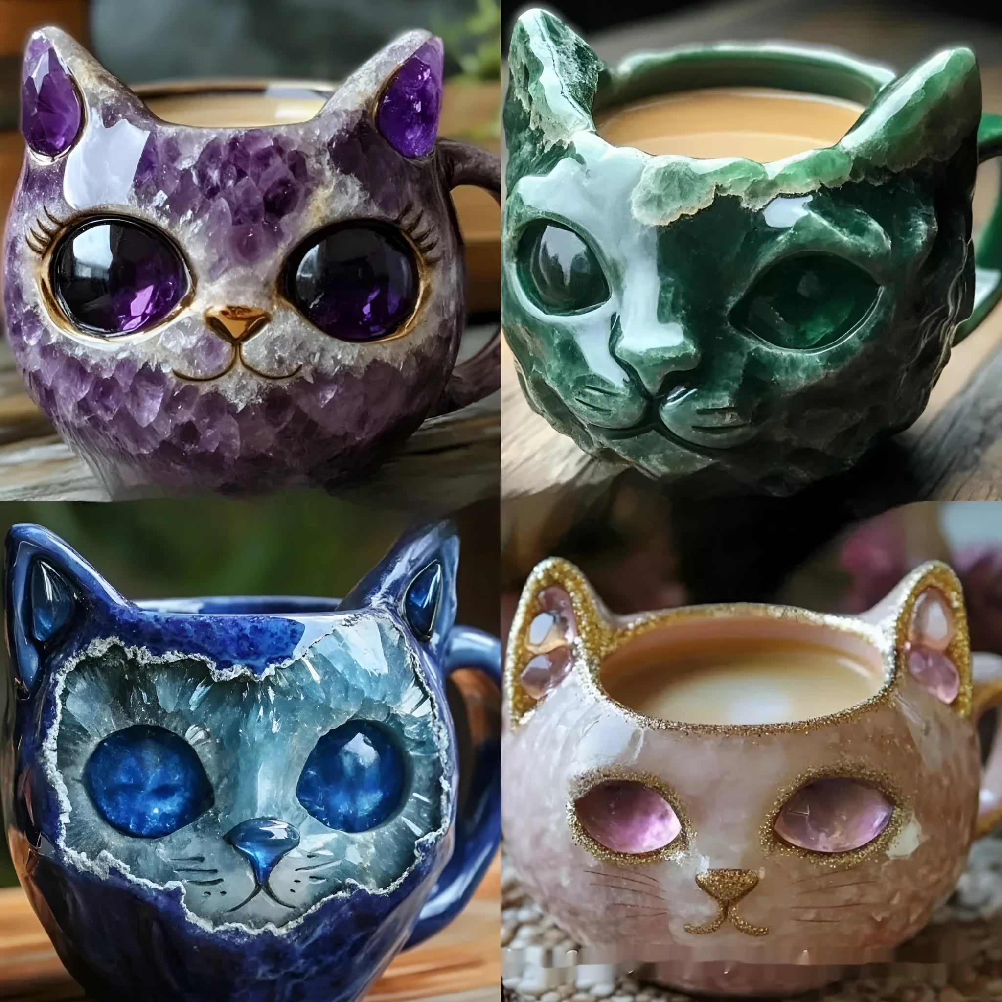Purple handcrafted geode resin mug with crystal cat design, measuring 11cm tall.