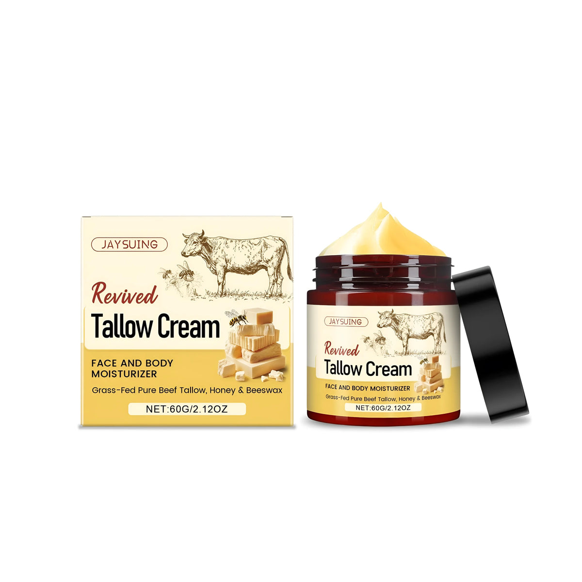 60g jar of tallow moisturising cream with honey and olive oil ingredients
