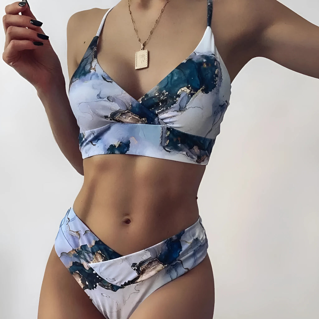 Women's marble tie-dye high waist bikini swimwear with U-neck design
