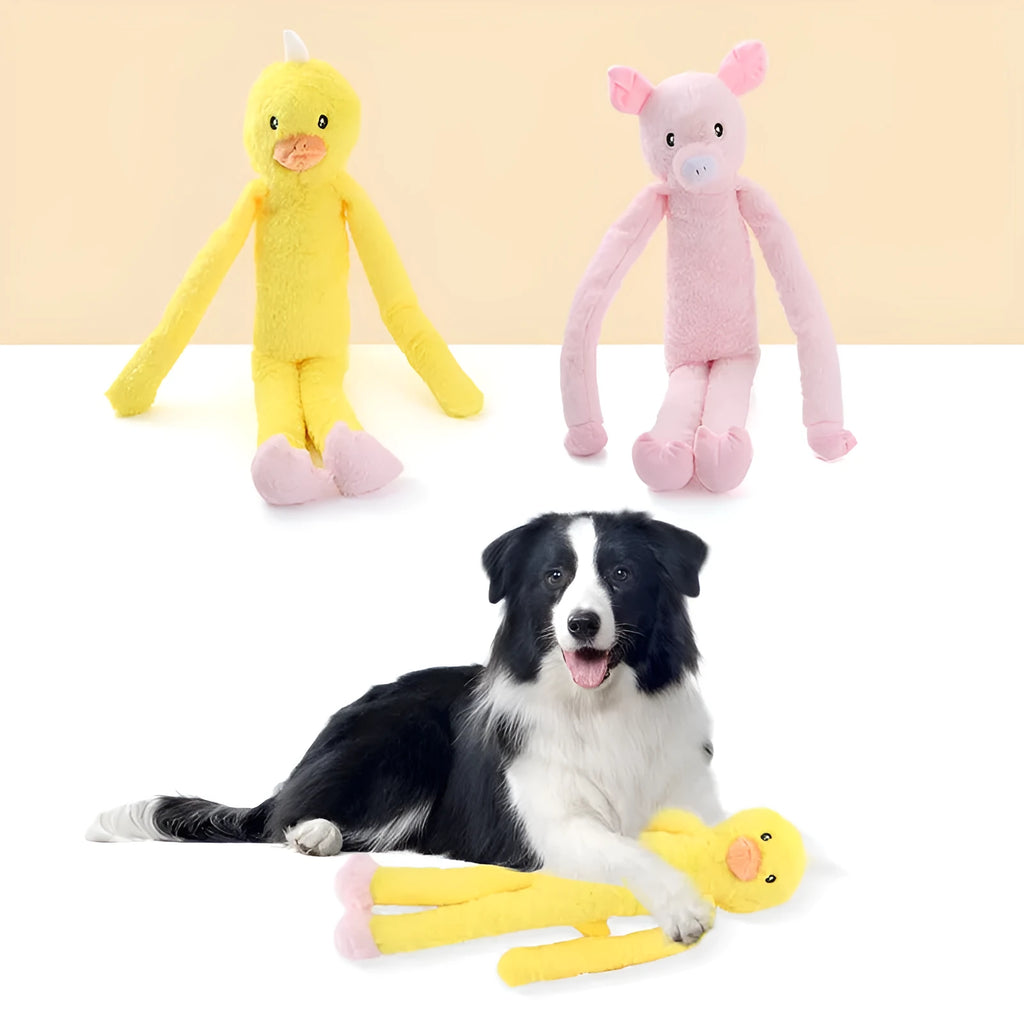 Golden retriever plush dog toy with sound feature and rattle paper texture in pink or yellow colour