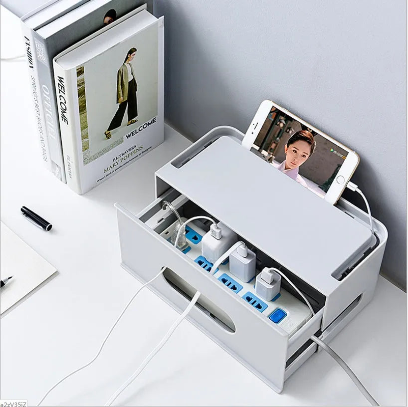 Plastic wireless router storage box in grey or white, wall-mountable cable organiser for home office