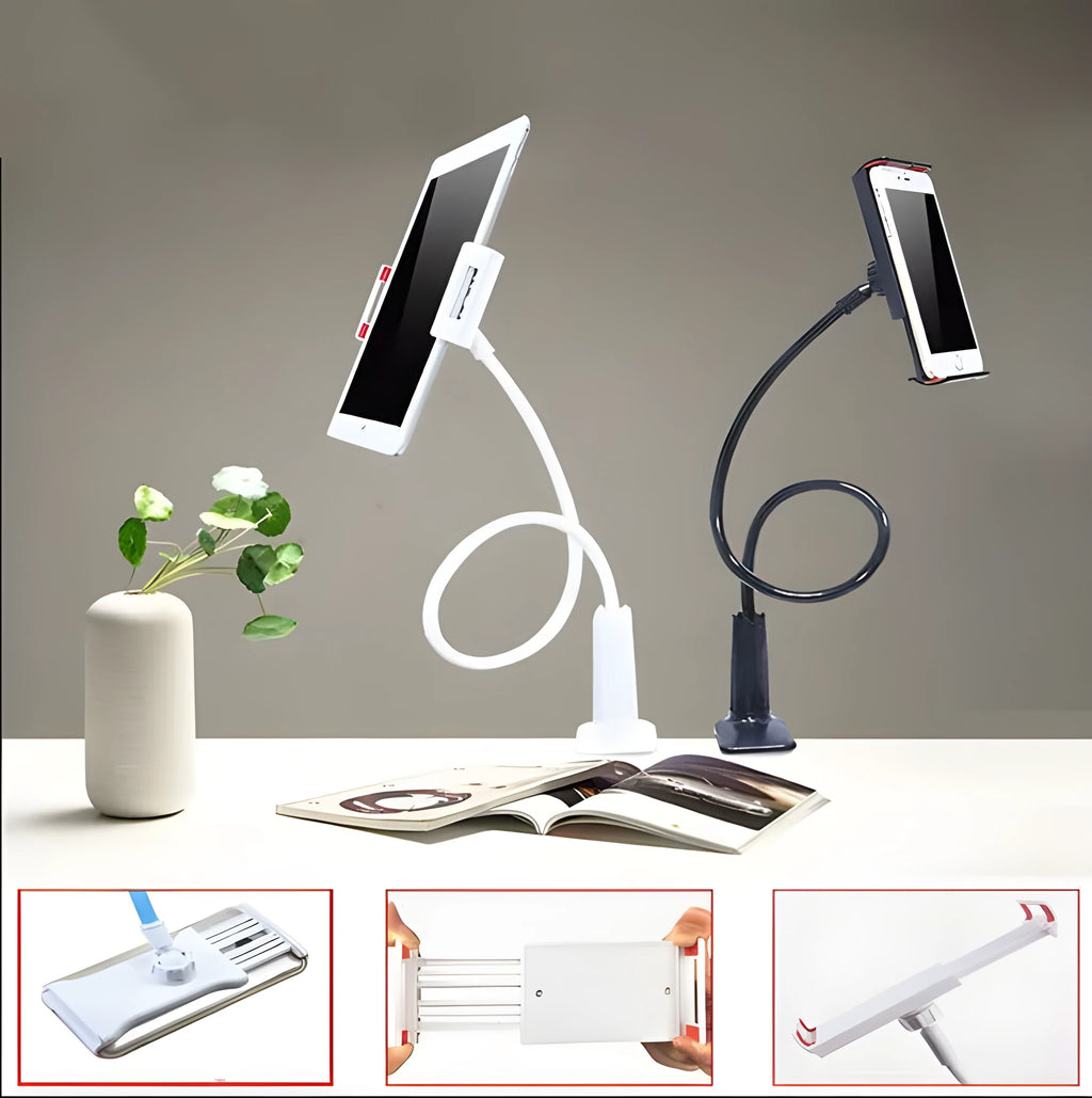Black oversize bedside phone holder with a long flexible arm mounted on a wooden table.