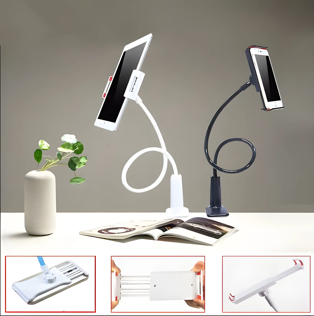 Black oversize bedside phone holder with a long flexible arm mounted on a wooden table.