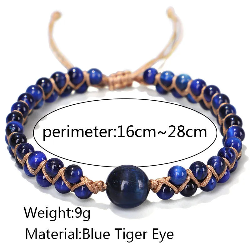 Handwoven geometric pull bracelet in blue Tigereye or Amethyst colours