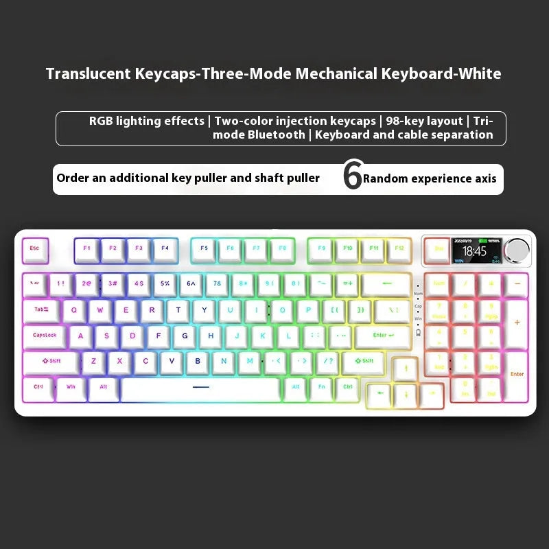 White screen version 98-key wireless mechanical keyboard kit with metal knob on desk