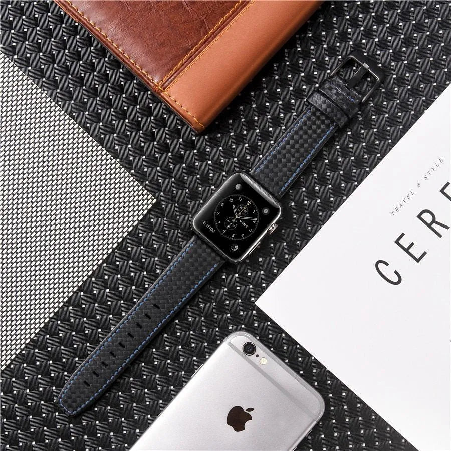 Leather and carbon fibre iPhone watch strap in black, blue, orange, and red for Apple Watch