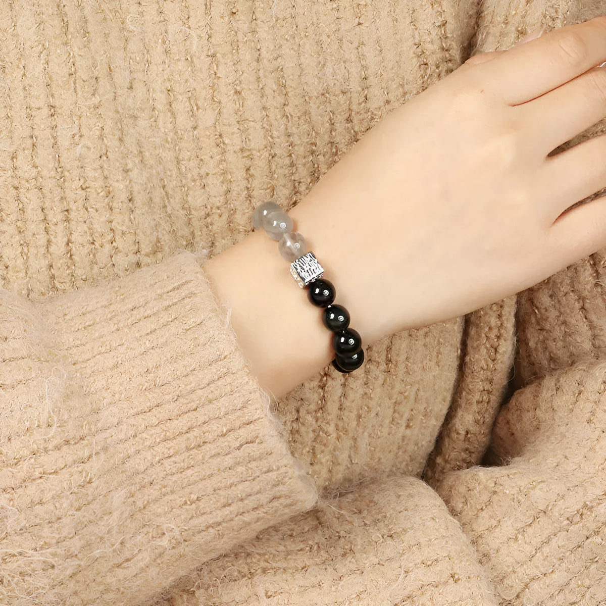 10mm geometry-shaped crystal couple bracelet in polished khaki with Chinese style design