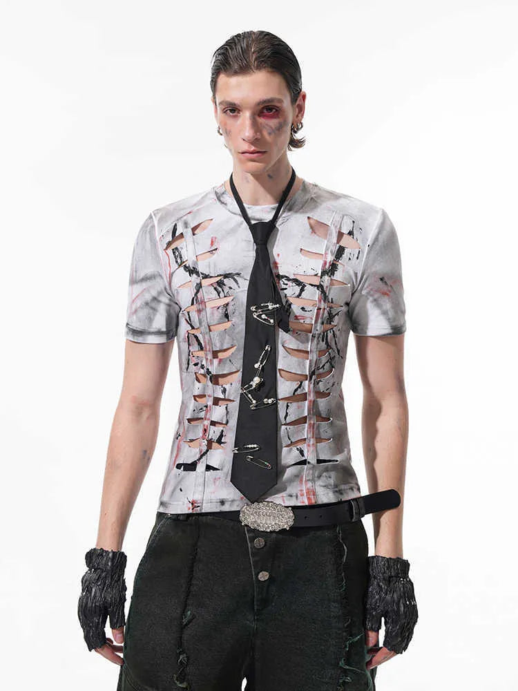 Men's white cotton t-shirt with cut hollow-out pattern, short sleeves and round neck collar
