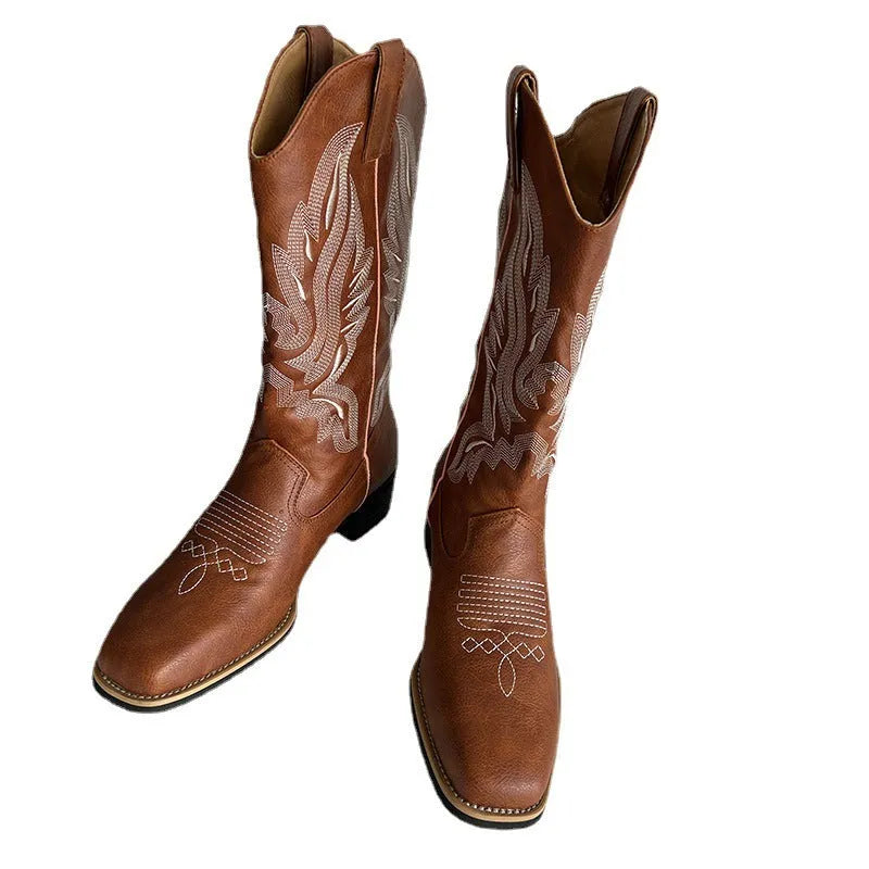 Brown women's embroidered Martin boots with leather lining, low square heel, and waterproof platform sole.