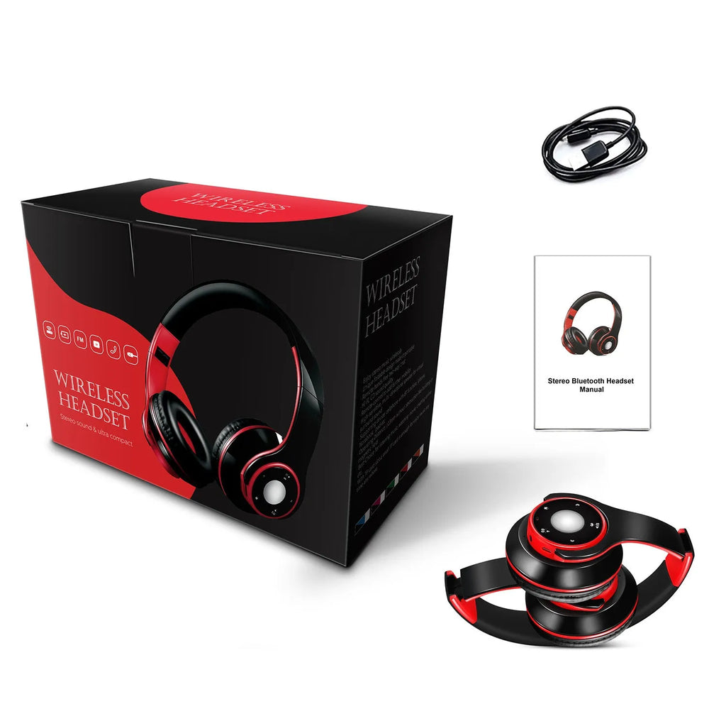 A foldable wireless Bluetooth headset with adjustable hinges, shown in blue, red, or rose red.