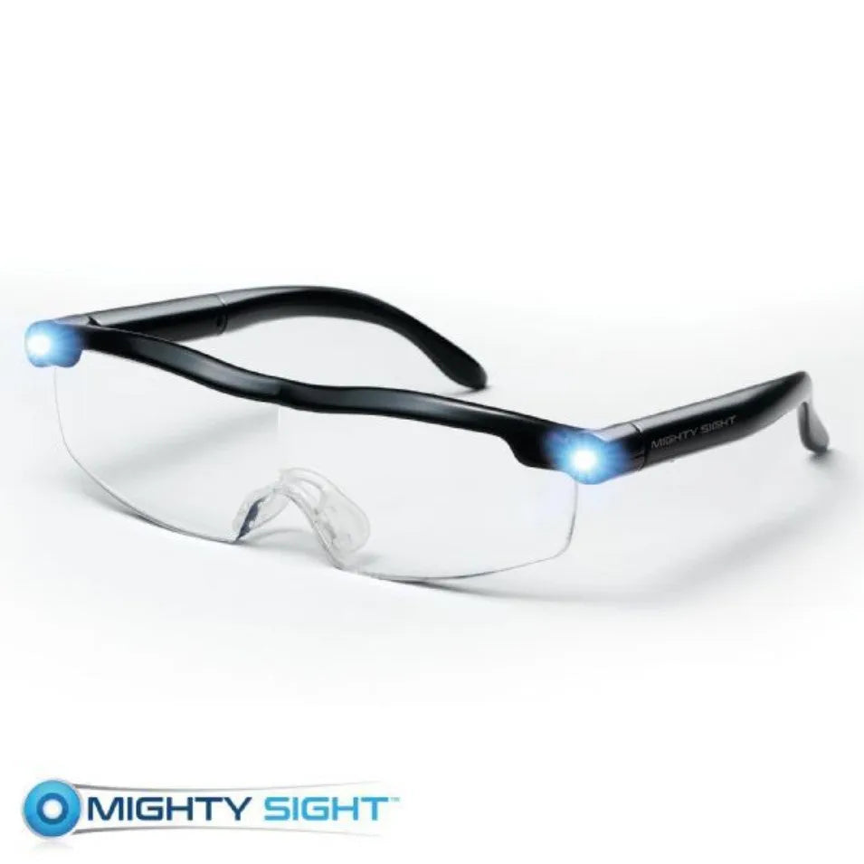Transparent black USB LED reading light glasses with ABS plastic frame.